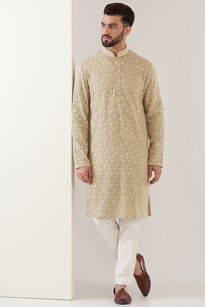 Dark Beige Georgette Embroidered Chikankari Kurta by Kasbah Clothing at Pernia's Pop Up Shop