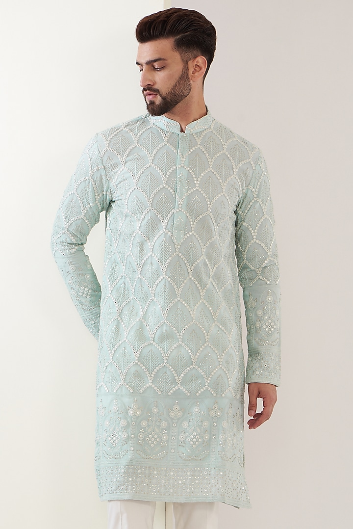 Pastel Blue Embroidered Kurta by Kasbah Clothing at Pernia's