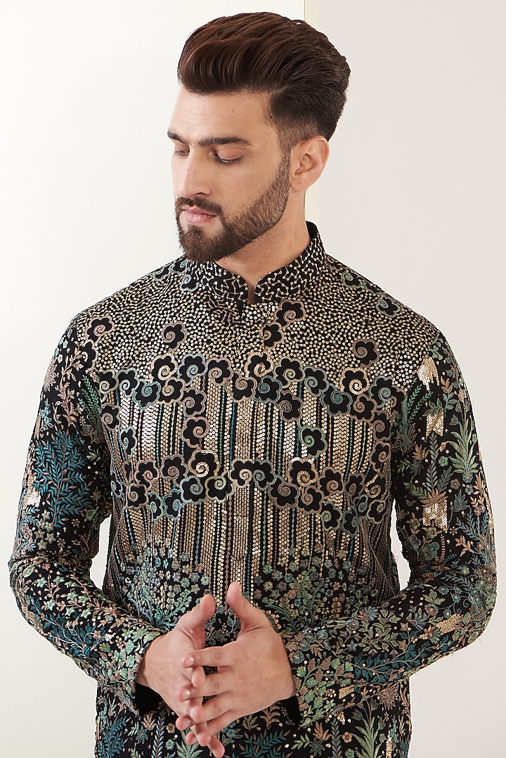 Black Georgette Thread Embroidered Kurta by Kasbah Clothing at Pernia's Pop Up Shop