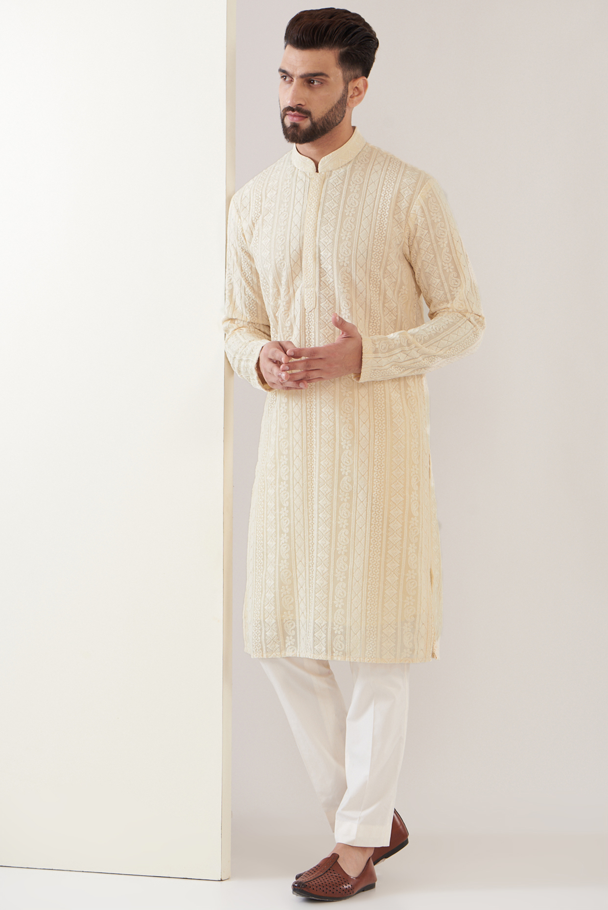 Beige Georgette Embroidered Chikankari Kurta by Kasbah Clothing