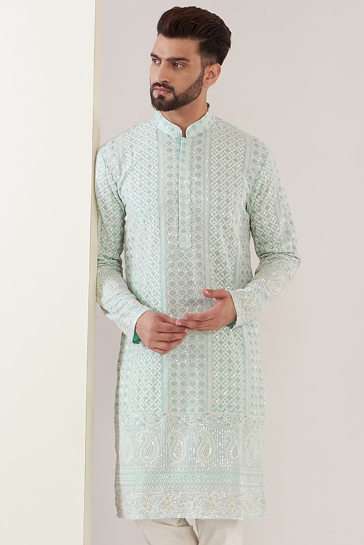 Blue Georgette Sequins Work Lucknowi Kurta by Kasbah Clothing at Pernia's Pop Up Shop