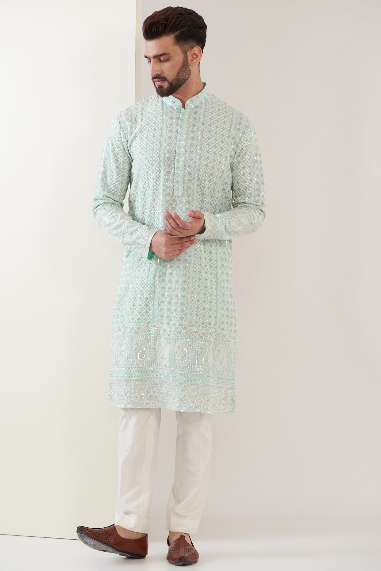 Blue Georgette Sequins Work Lucknowi Kurta by Kasbah Clothing