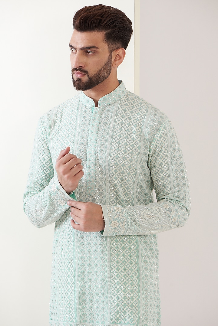 Blue Georgette Sequins Work Lucknowi Kurta by Kasbah Clothing at Pernia's Pop Up Shop