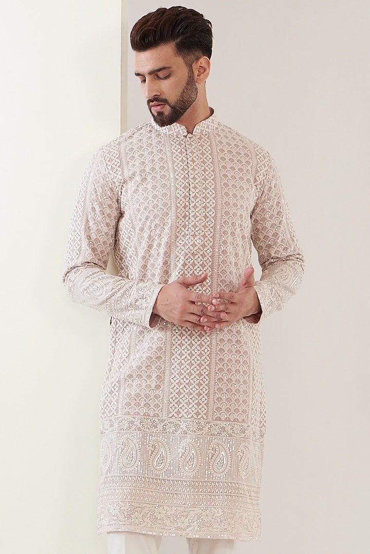 Mud Pink Georgette Sequins Embroidered Kurta by Kasbah Clothing at Pernia's Pop Up Shop