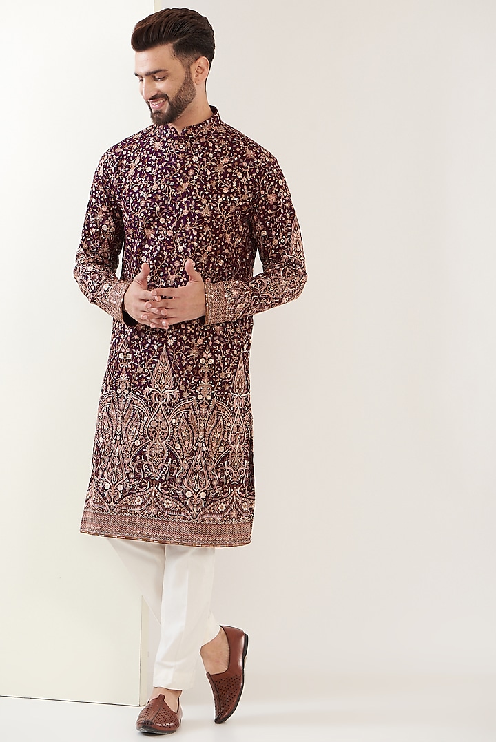 Maroon Georgette Embroidered Kurta by Kasbah Clothing