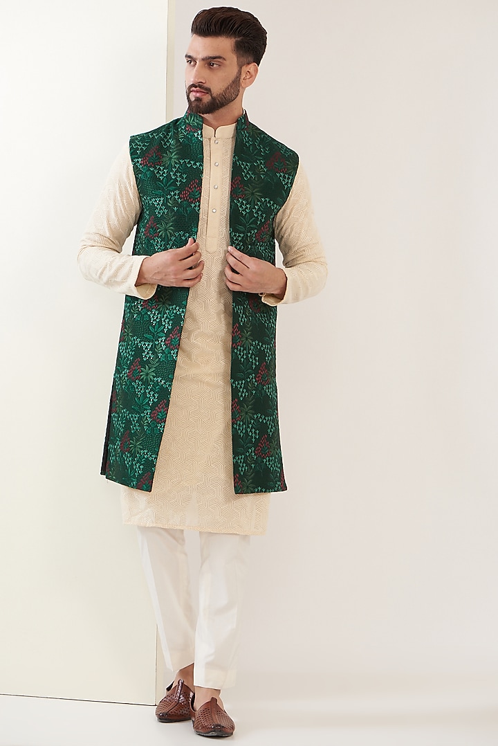 Bottle Green Silk Embroidered Indowestern Jacket by Kasbah Clothing