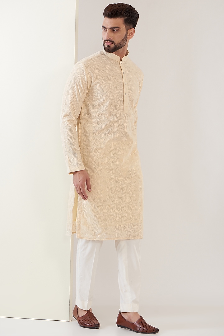 Beige Georgette Thread Work Chikankari Kurta by Kasbah Clothing at Pernia's Pop Up Shop