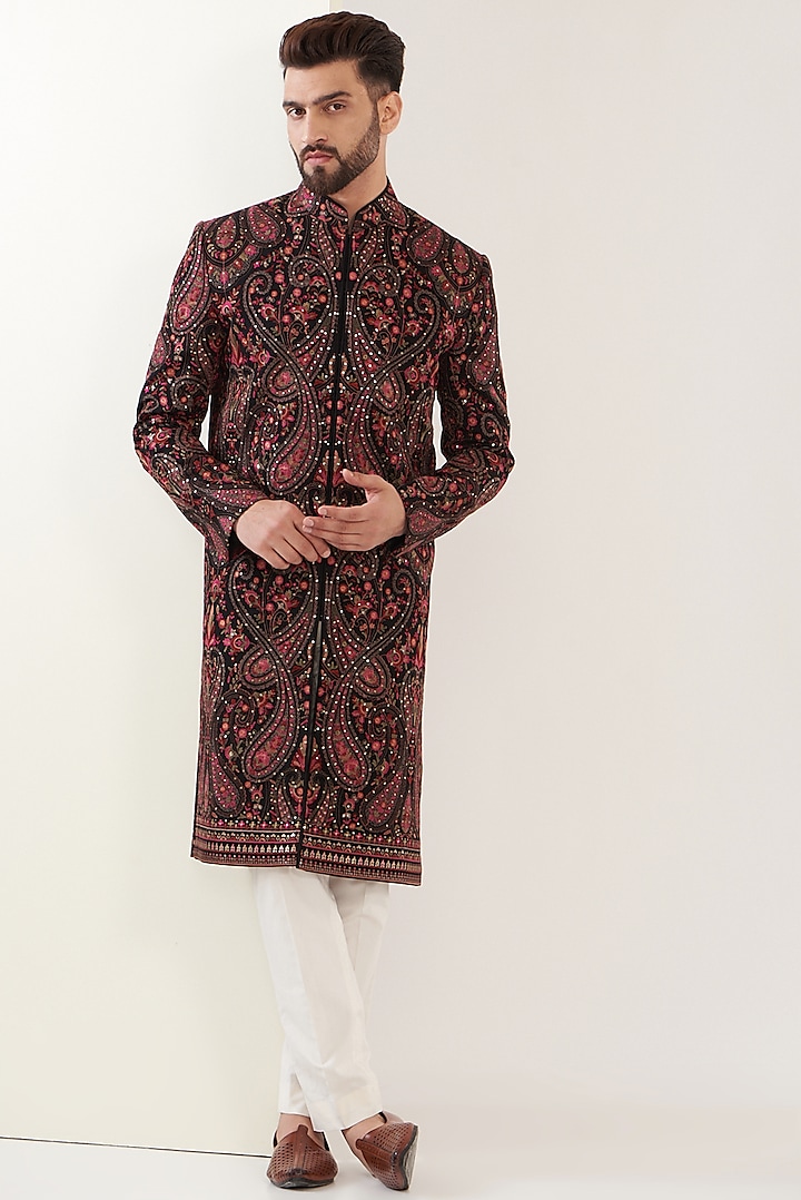 Multi-Colored Georgette Embroidered Sherwani by Kasbah Clothing