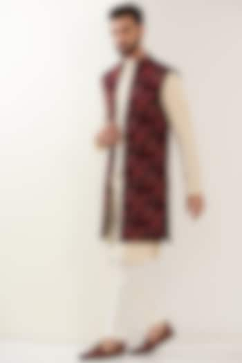 Maroon Silk Embroidered Indowestern Jacket by Kasbah Clothing