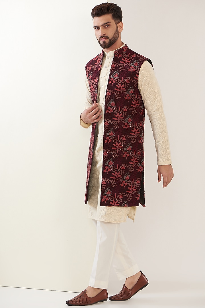 Maroon Silk Embroidered Indowestern Jacket by Kasbah Clothing