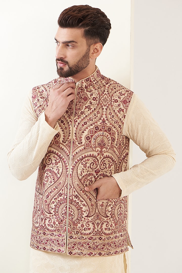 Beige Georgette Embroidered Nehru Jacket by Kasbah Clothing at Pernia's Pop Up Shop