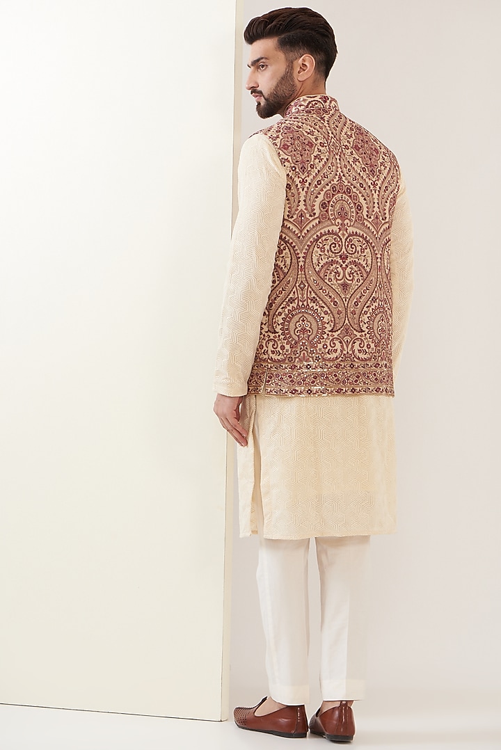 Beige Georgette Embroidered Nehru Jacket by Kasbah Clothing at Pernia's Pop Up Shop
