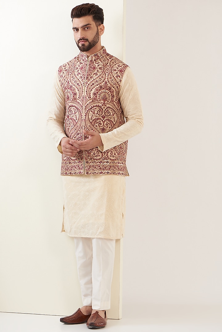 Beige Georgette Embroidered Nehru Jacket by Kasbah Clothing at Pernia's Pop Up Shop