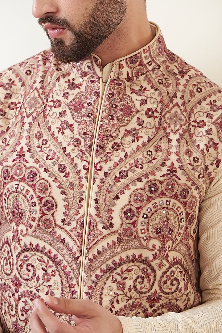 Beige Georgette Embroidered Nehru Jacket by Kasbah Clothing at Pernia's Pop Up Shop