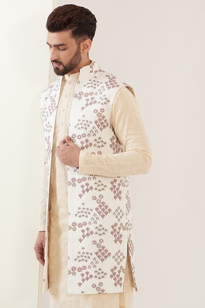 White Silk Embroidered Indowestern Jacket by Kasbah Clothing