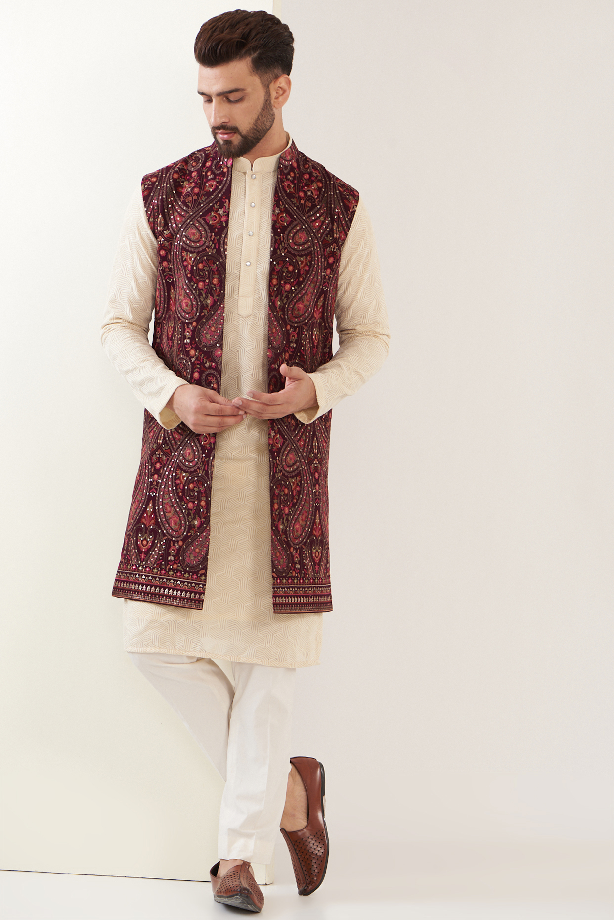 Wine Georgette Embroidered Indowestern Jacket by Kasbah Clothing