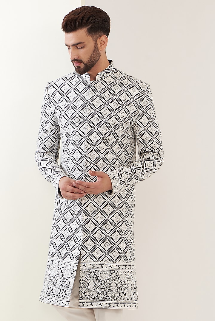 Black Silk Embroidered Wedding Sherwani by Kasbah Clothing at Pernia's Pop Up Shop