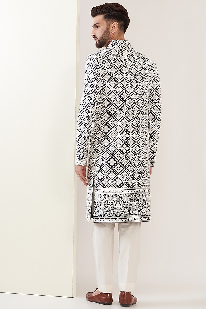 Black Silk Embroidered Wedding Sherwani by Kasbah Clothing at Pernia's Pop Up Shop