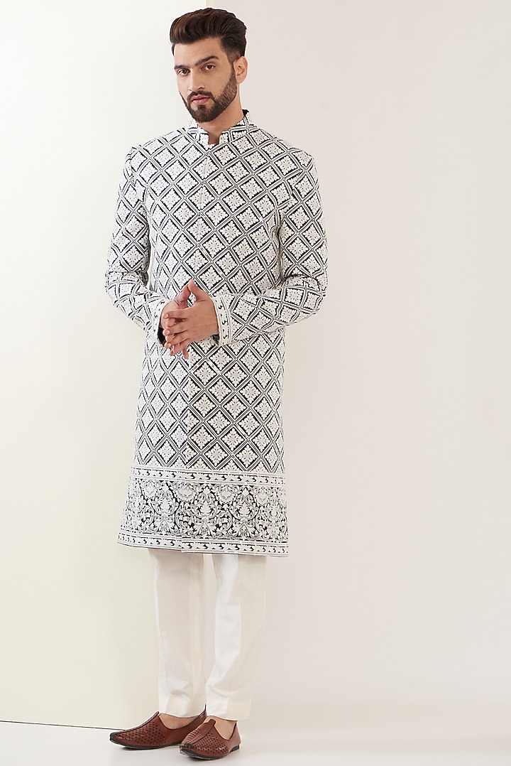 Black Silk Embroidered Wedding Sherwani by Kasbah Clothing at Pernia's Pop Up Shop