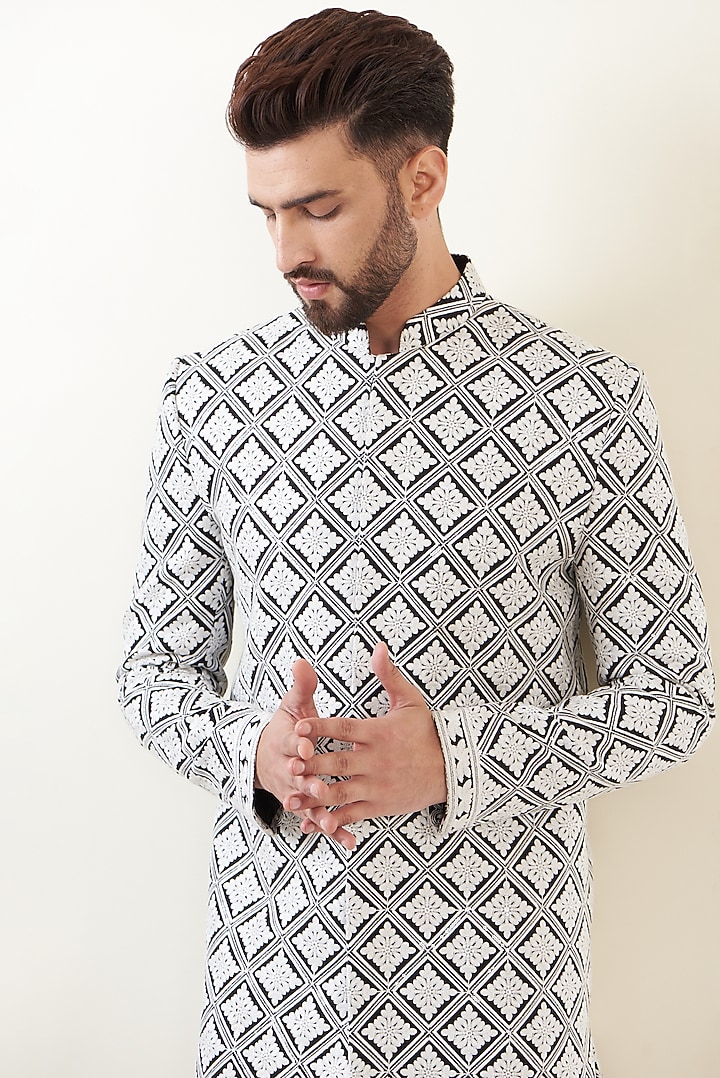 Black Silk Embroidered Wedding Sherwani by Kasbah Clothing at Pernia's Pop Up Shop