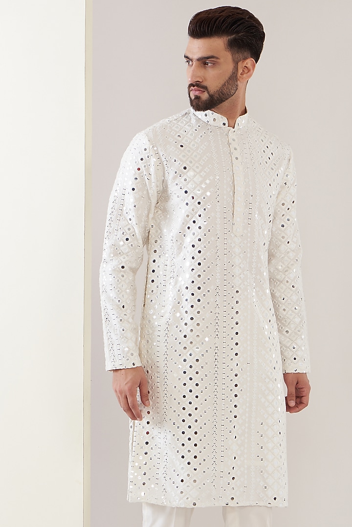 White Silk Mirror Work Kurta by Kasbah Clothing at Pernia's Pop Up Shop