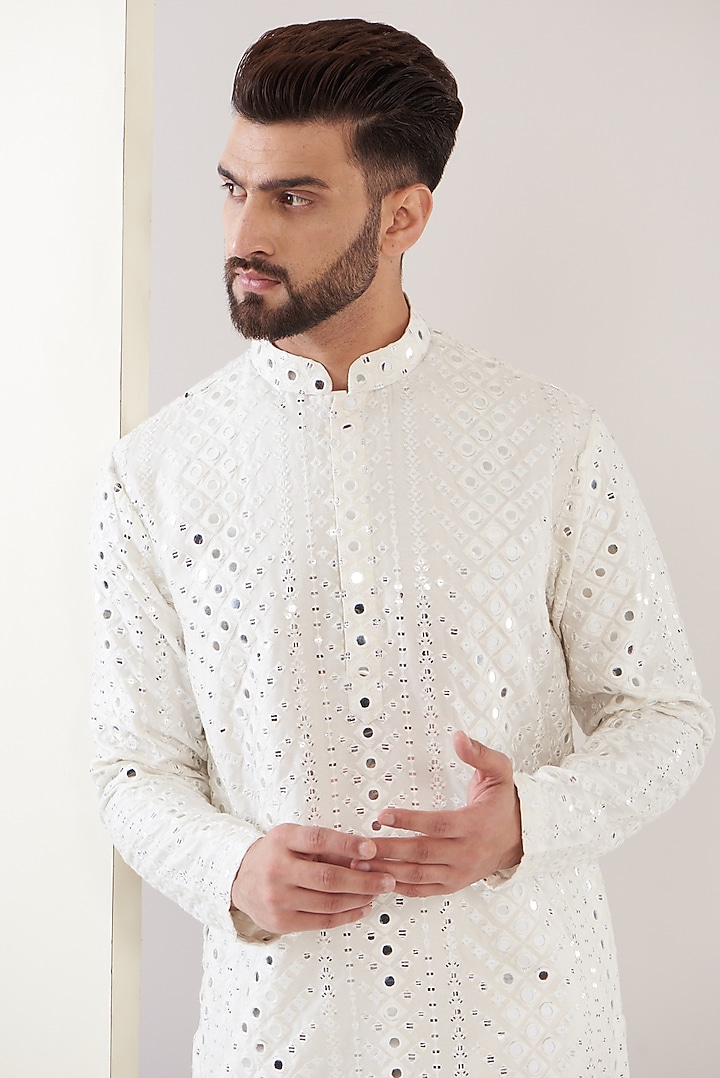 White Silk Mirror Work Kurta by Kasbah Clothing at Pernia's Pop Up Shop
