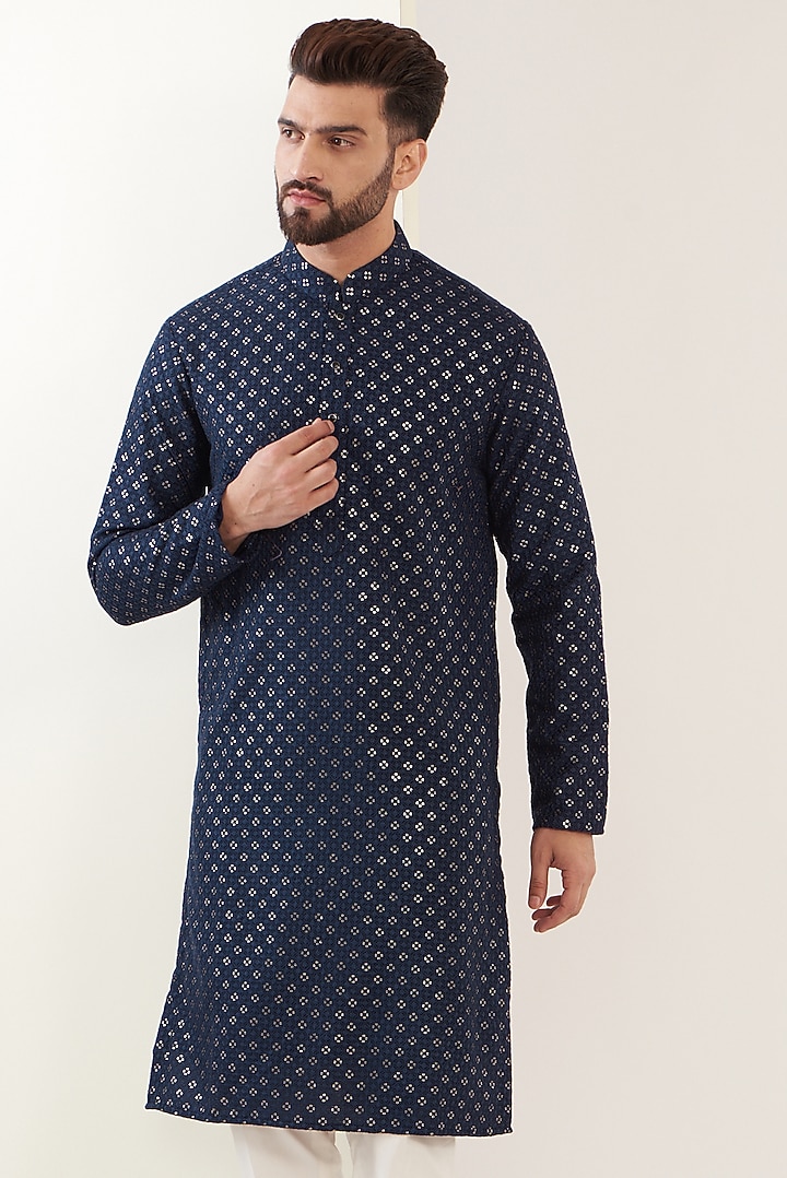 Blue Silk Embroidered Kurta by Kasbah Clothing at Pernia's Pop Up Shop
