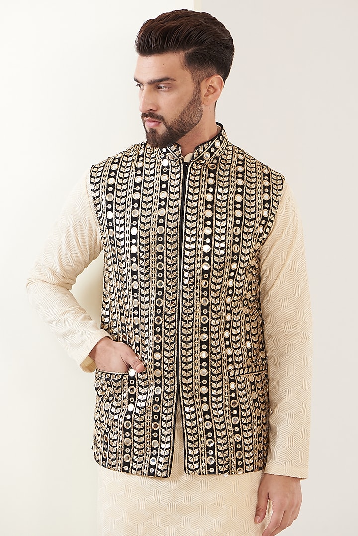 Black Georgette Embroidered Nehru Jacket by Kasbah Clothing at Pernia's Pop Up Shop