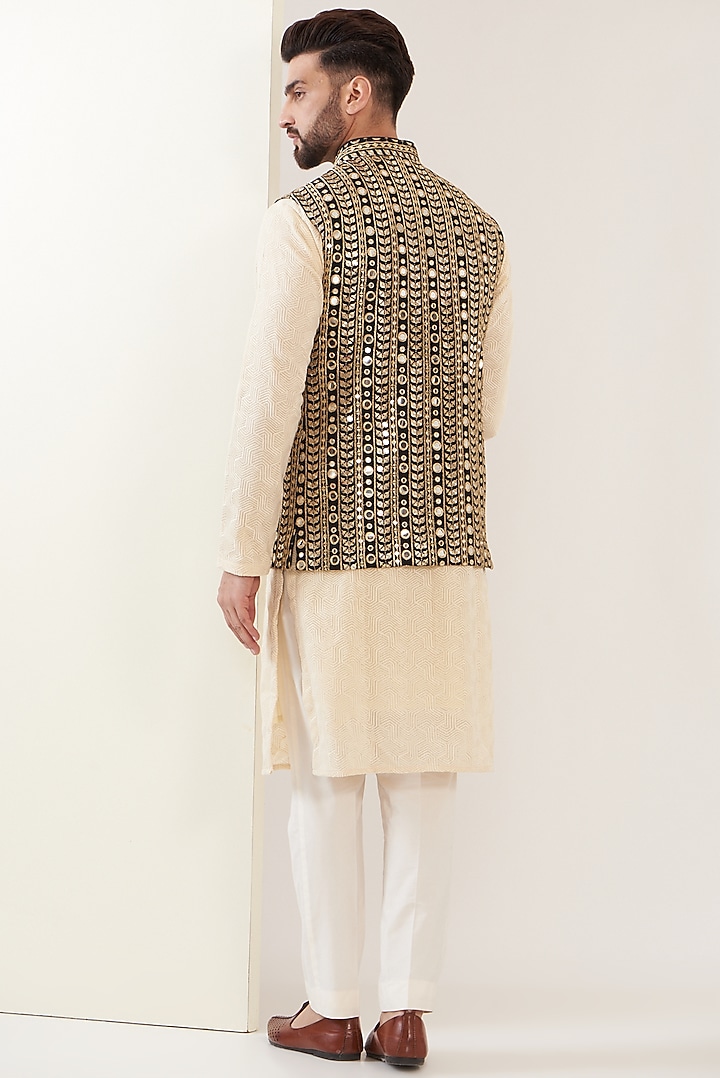 Black Georgette Embroidered Nehru Jacket by Kasbah Clothing at Pernia's Pop Up Shop