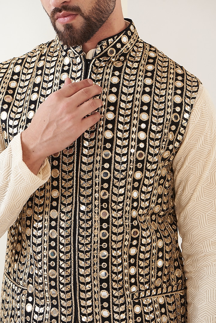 Black Georgette Embroidered Nehru Jacket by Kasbah Clothing at Pernia's Pop Up Shop