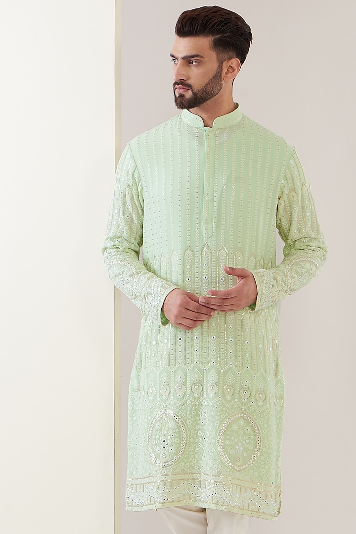 Light Green Georgette Embroidered Kurta by Kasbah Clothing