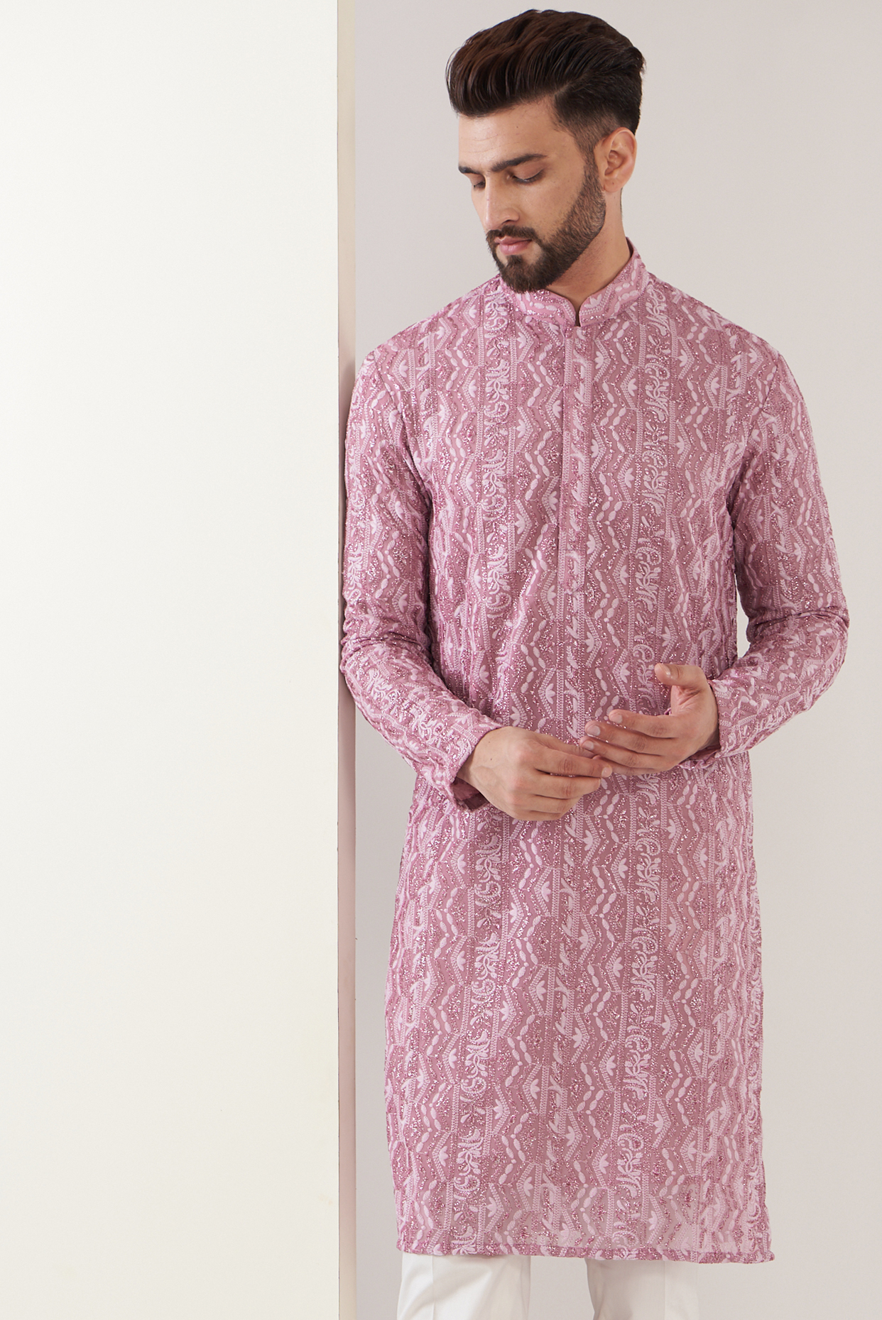 Dark Onion Pink Georgette Chikankari Kurta by Kasbah Clothing