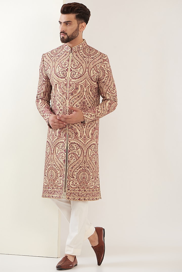 Beige Georgette Embroidered Jamwar Sherwani by Kasbah Clothing