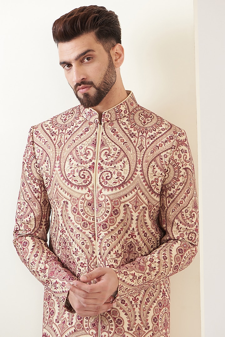 Beige Georgette Embroidered Jamwar Wedding Sherwani by Kasbah Clothing at Pernia's Pop Up Shop