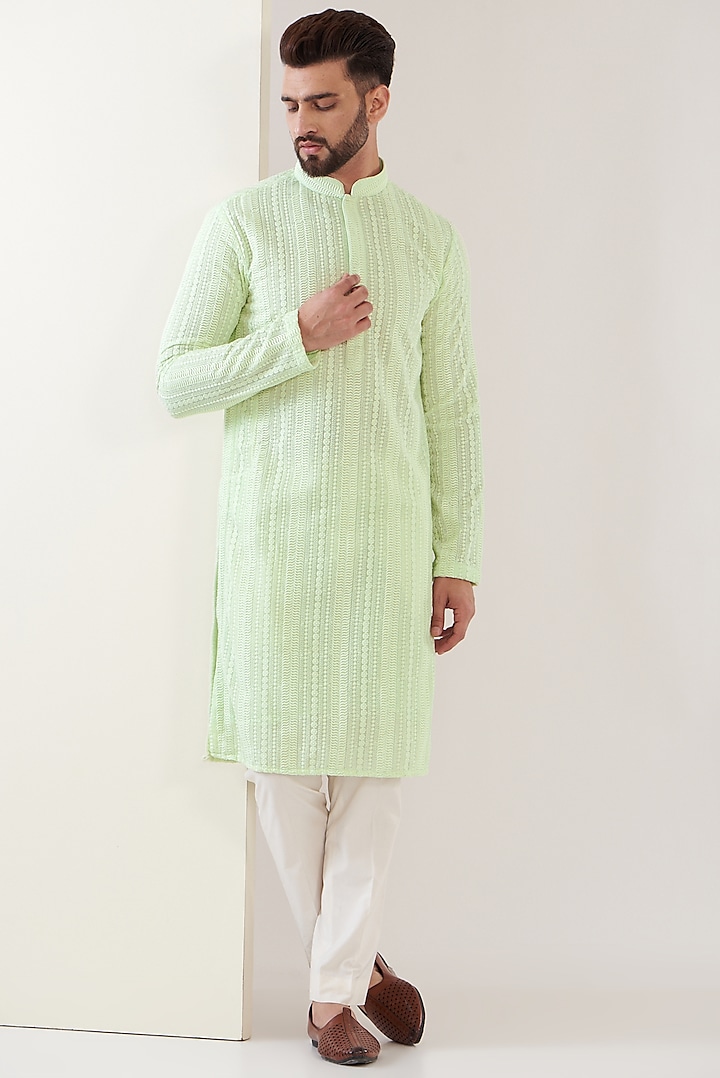 Green Georgette Embroidered Chikankari Kurta by Kasbah Clothing