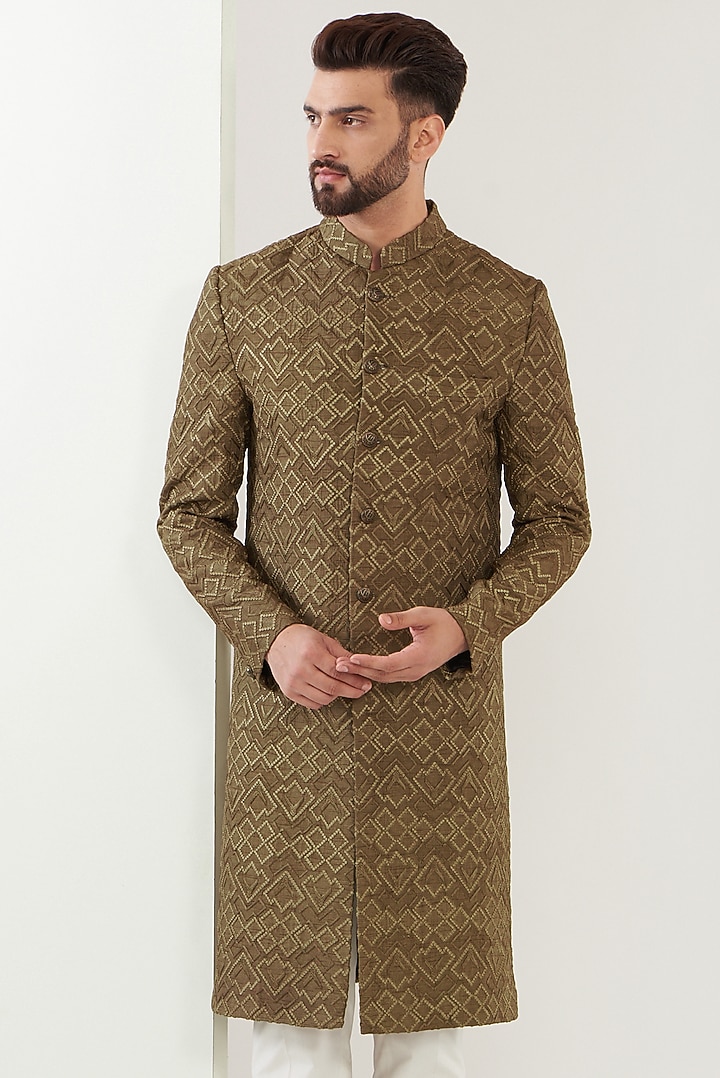 Dark Copper Silk Embroidered Wedding Sherwani by Kasbah Clothing at Pernia's Pop Up Shop