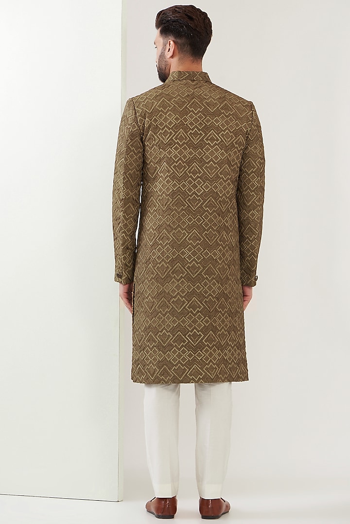 Dark Copper Silk Embroidered Wedding Sherwani by Kasbah Clothing at Pernia's Pop Up Shop