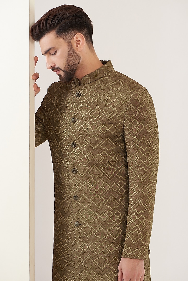 Dark Copper Silk Embroidered Wedding Sherwani by Kasbah Clothing at Pernia's Pop Up Shop