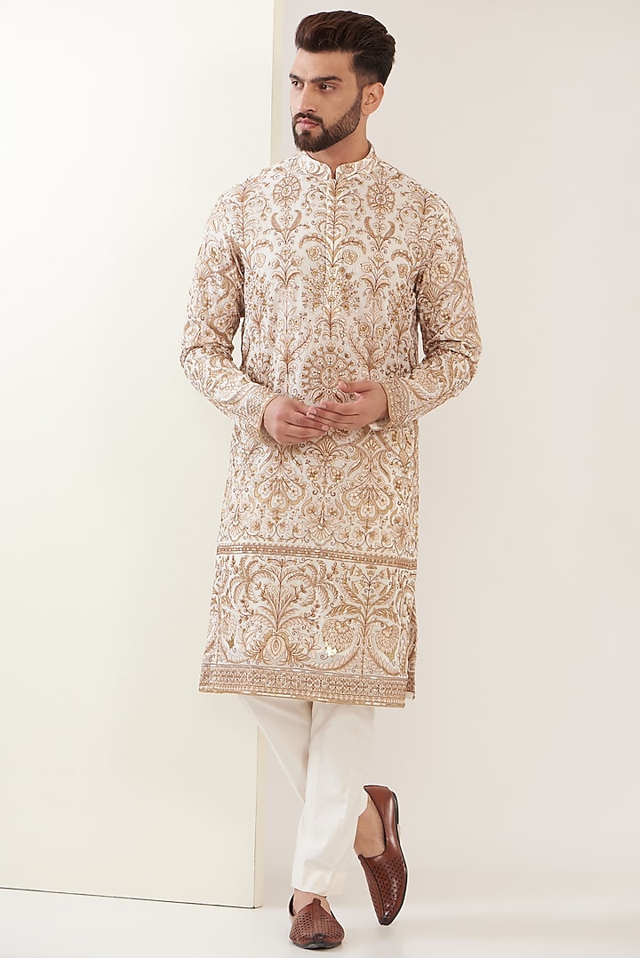 White Georgette Thread Embroidered Kurta by Kasbah Clothing