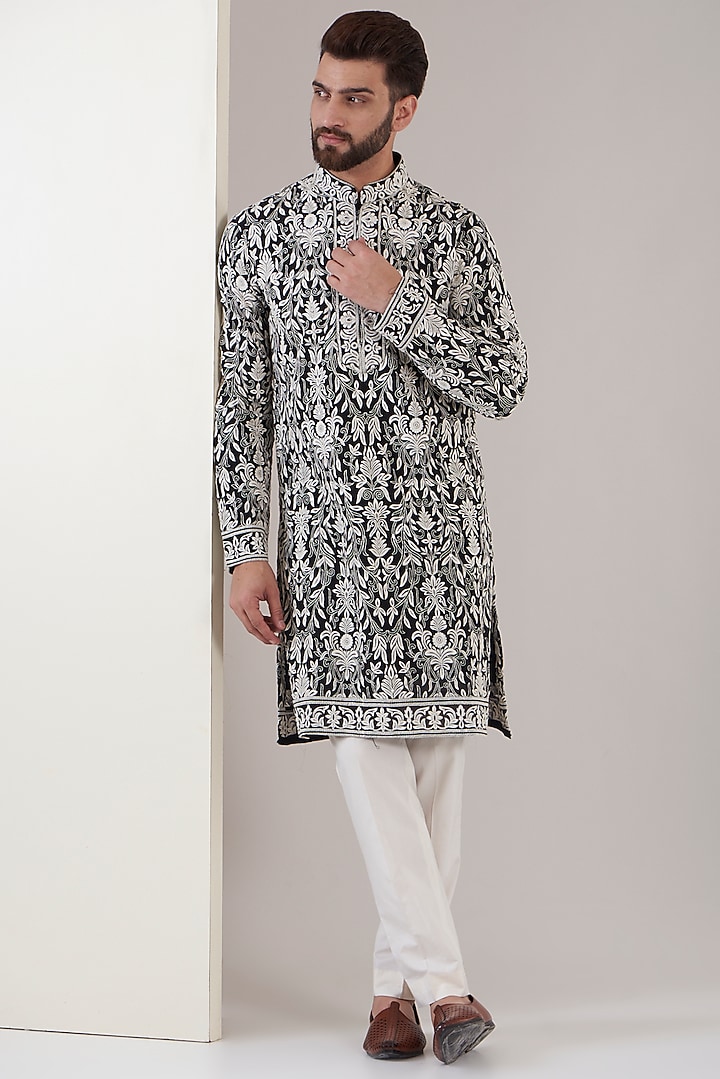 Black Georgette Thread Embroidered Kurta by Kasbah Clothing at Pernia's Pop Up Shop