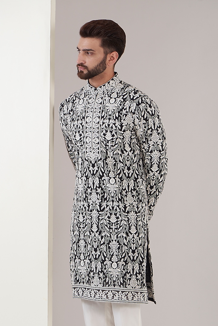 Black Georgette Thread Embroidered Kurta by Kasbah Clothing at Pernia's Pop Up Shop