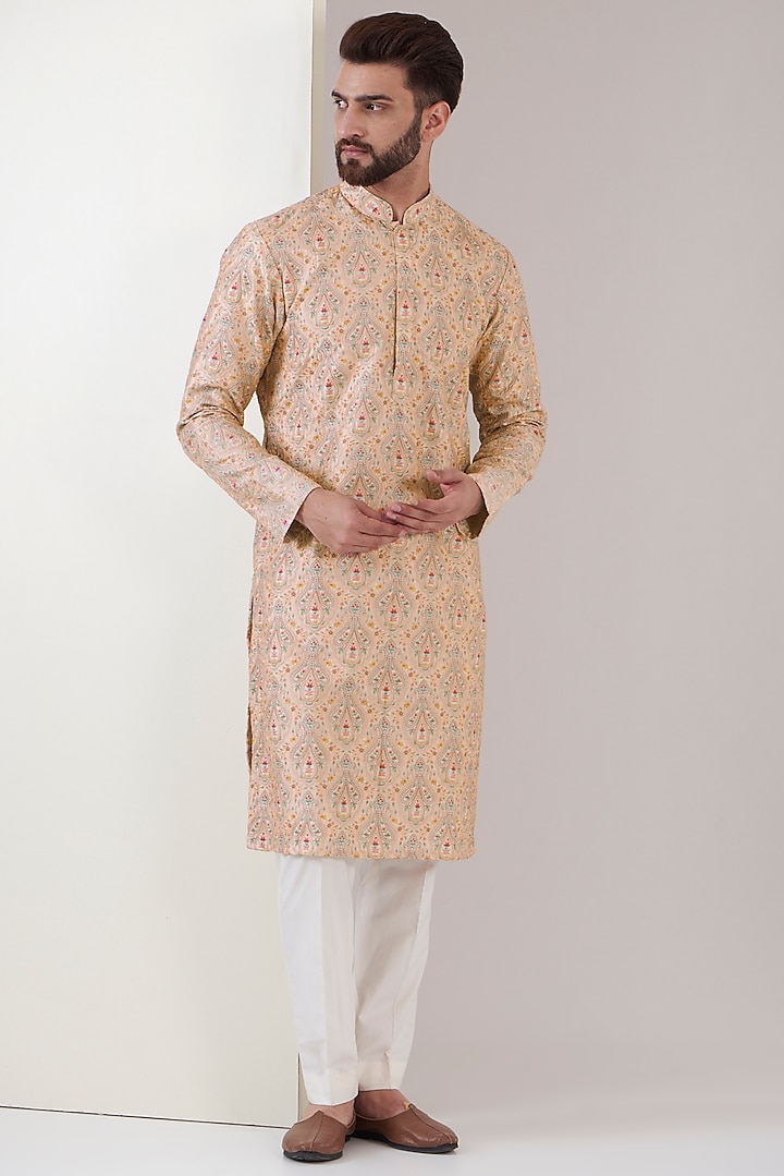 Pink Silk Thread Embroidered Kurta by Kasbah Clothing