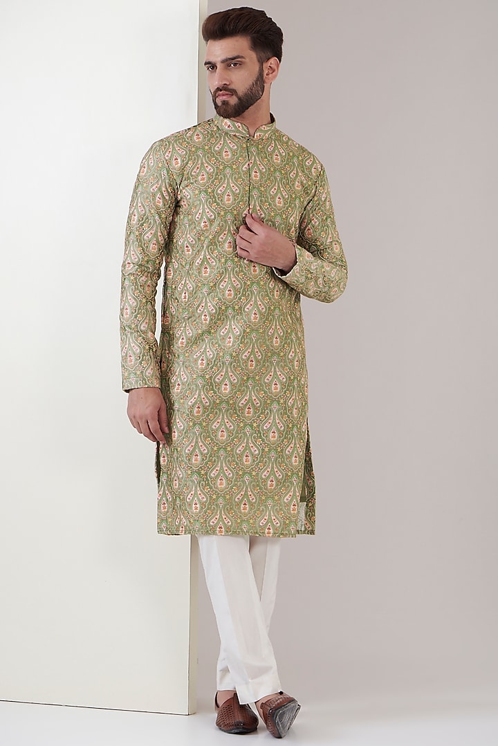 Mehendi Green Silk Chikankari Embroidered Kurta by Kasbah Clothing