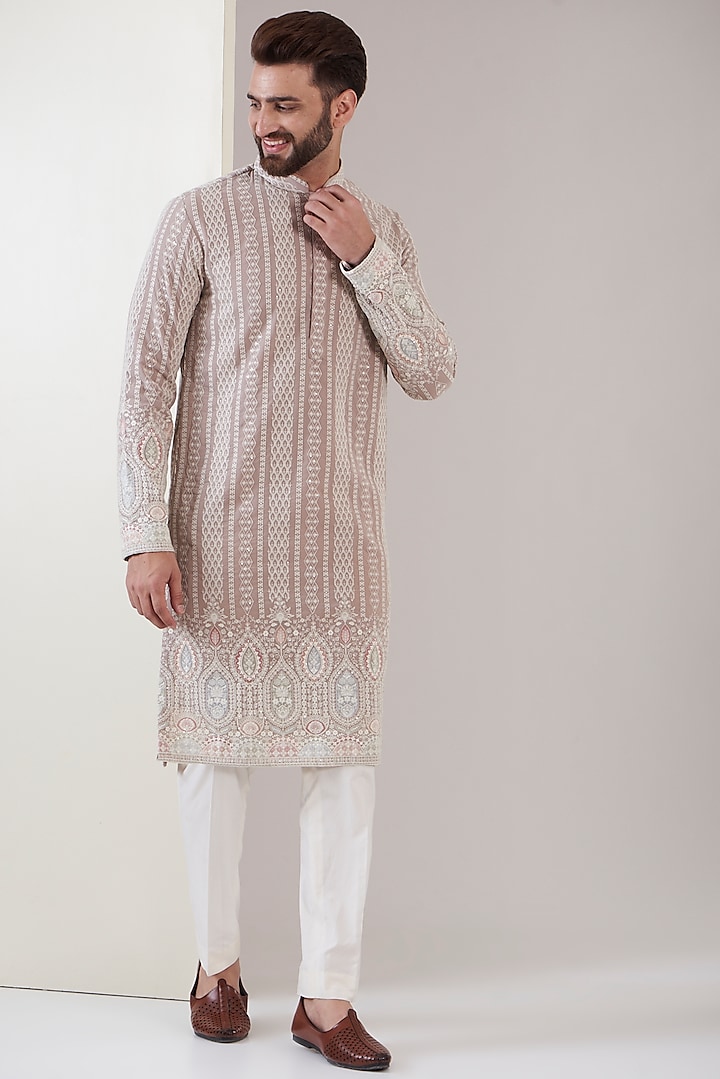 Onion Pink Georgette Thread Embroidered Kurta by Kasbah Clothing
