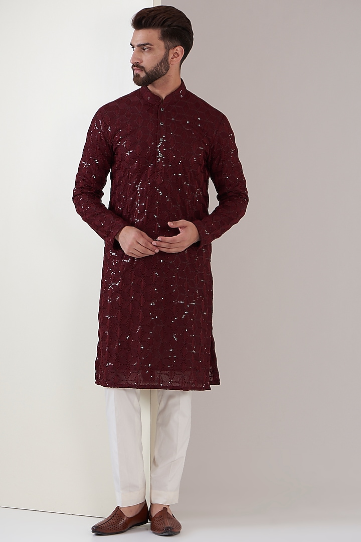 Maroon Georgette Embroidered Kurta by Kasbah Clothing