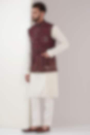 Maroon Georgette Embroidered Nehru Jacket by Kasbah Clothing