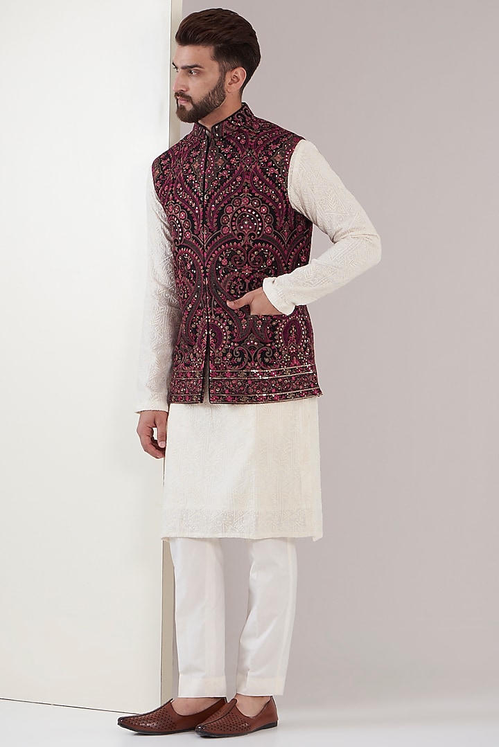 Maroon Georgette Embroidered Nehru Jacket by Kasbah Clothing
