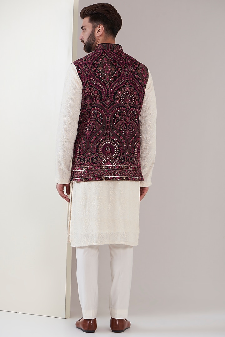 Maroon Georgette Embroidered Nehru Jacket by Kasbah Clothing at Pernia's Pop Up Shop
