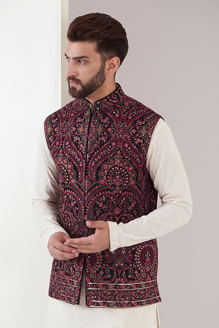 Maroon Georgette Embroidered Nehru Jacket by Kasbah Clothing at Pernia's Pop Up Shop