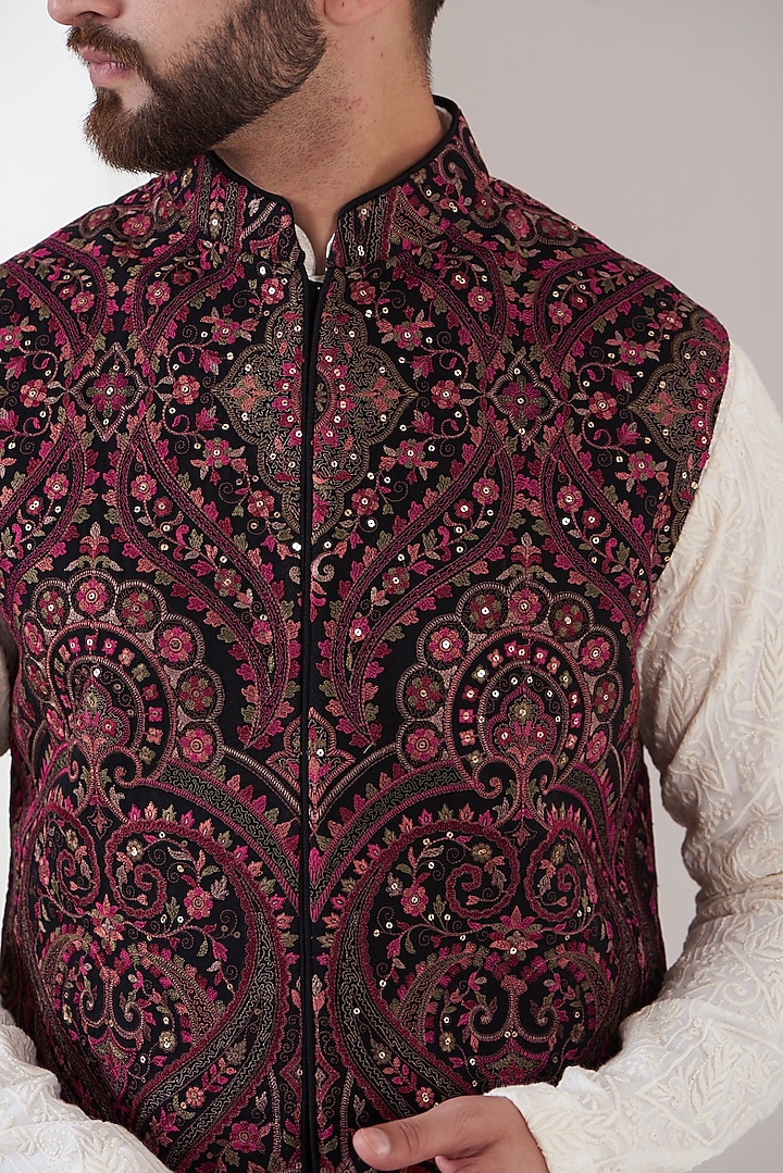 Maroon Georgette Embroidered Nehru Jacket by Kasbah Clothing at Pernia's Pop Up Shop
